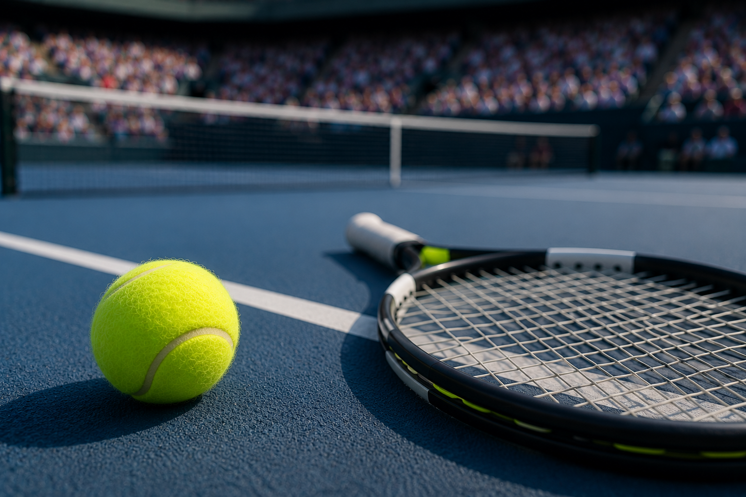 Pelota de tenis y raqueta sobre una pista dura durante un partido profesional, representando el análisis de la influencia de la superficie en los pronósticos de tenis.