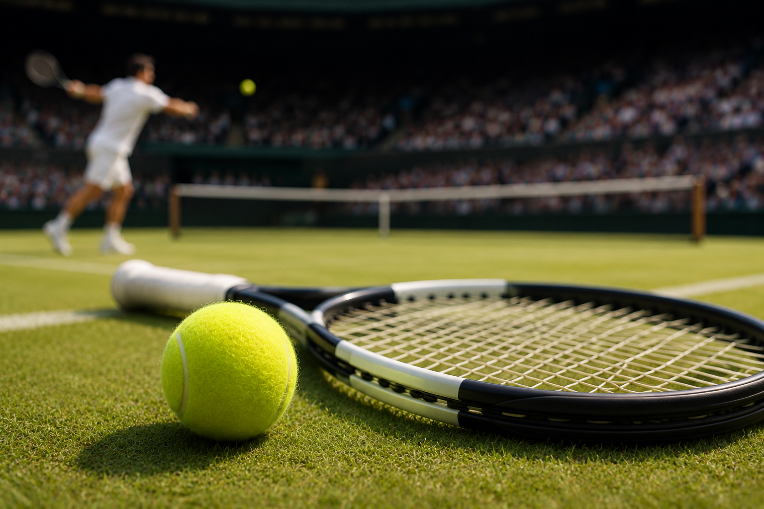 Raqueta y pelota de tenis en una pista durante un partido de tenis en vivo