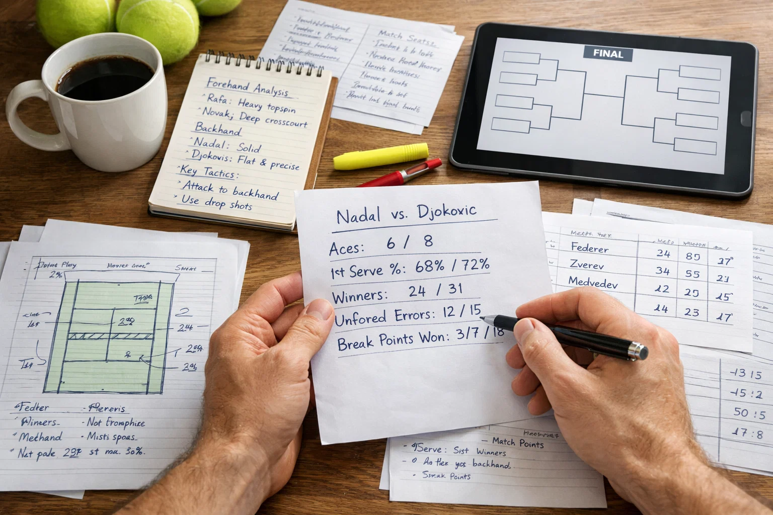 Persona analizando estadísticas de partidos de tenis en documentos y notas