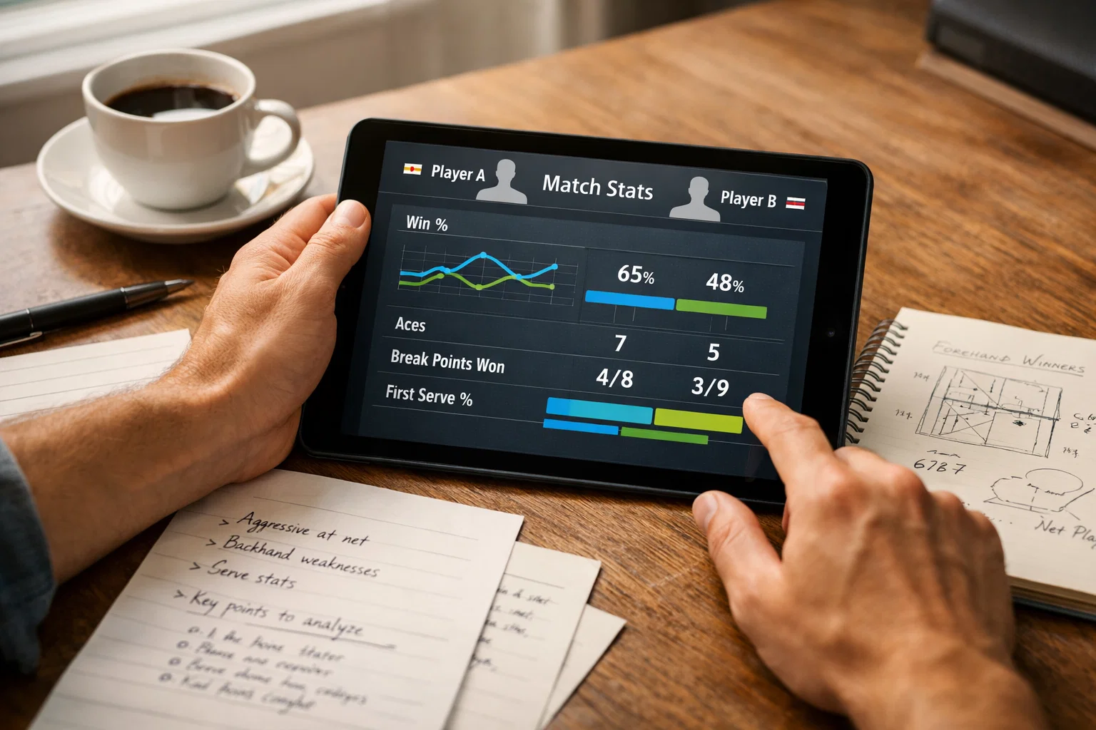 Analista deportivo revisando estadísticas de tenis en una tablet con notas manuscritas