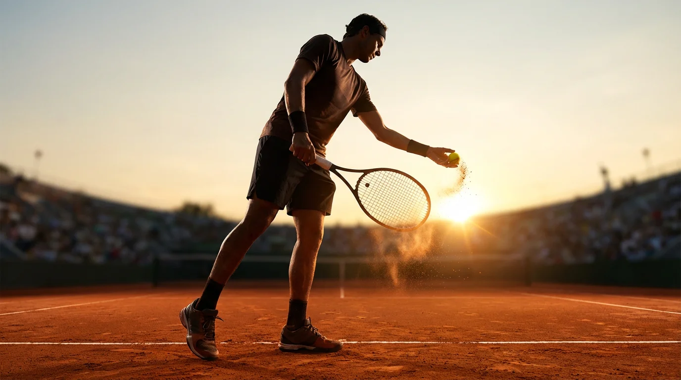 Jugador de tenis profesional preparando un saque en pista de tierra batida bajo la luz del atardecer