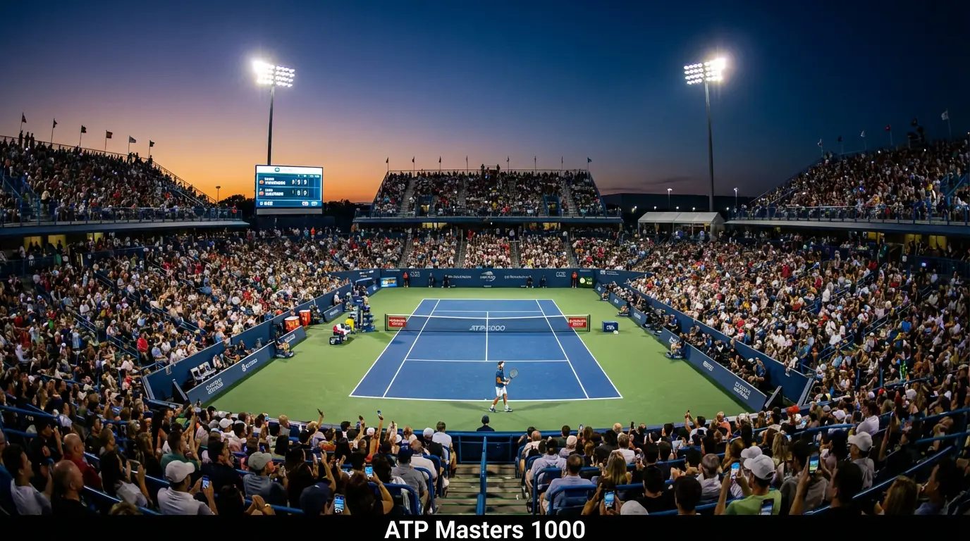 Estadio de tenis durante un torneo Masters 1000 con gradas llenas y pista de cemento