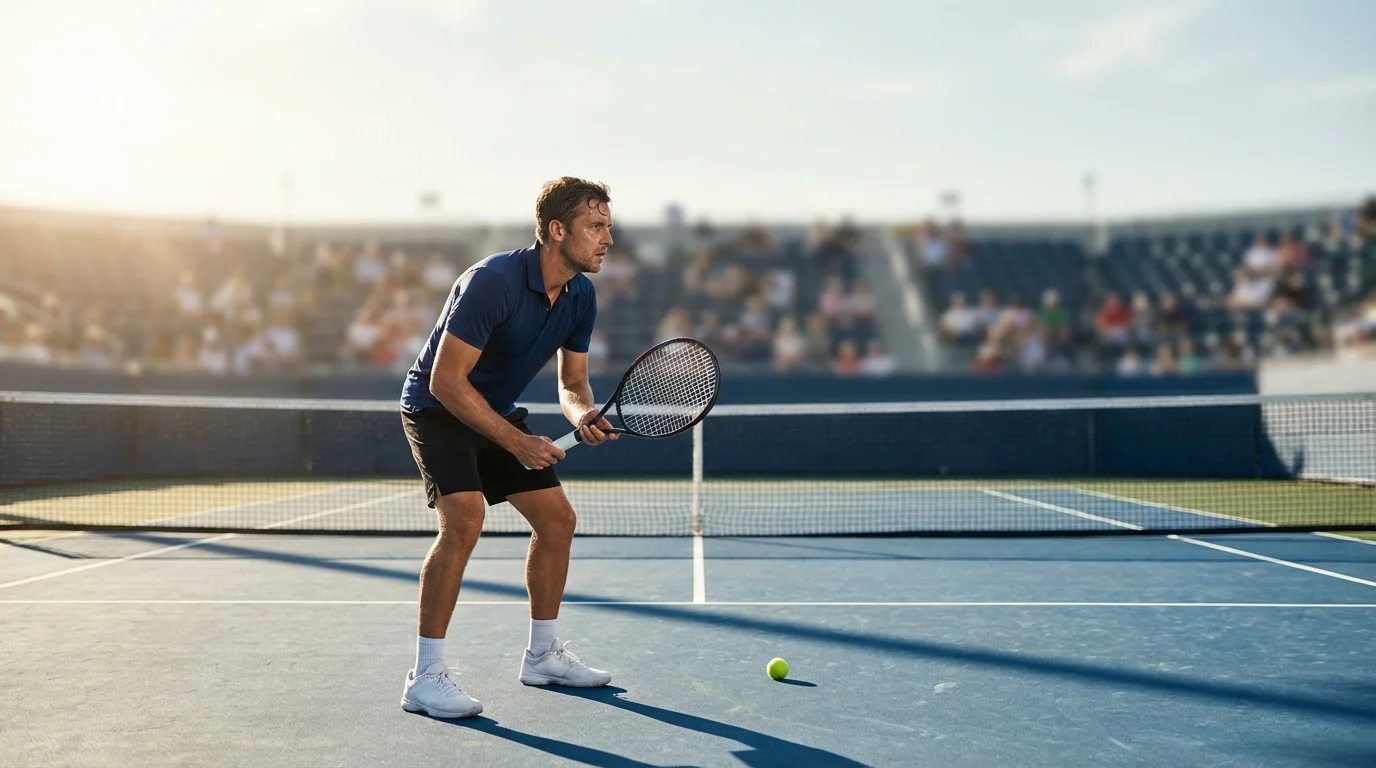 Tenista concentrado durante un partido en pista dura con luz lateral dramática