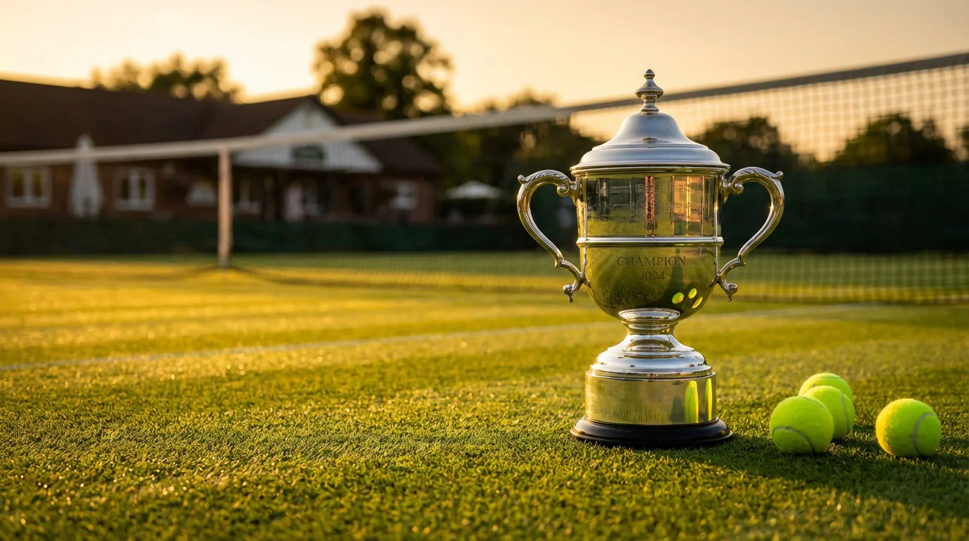 Trofeo de un torneo de tenis sobre una pista de hierba con una red al fondo iluminada por luz dorada