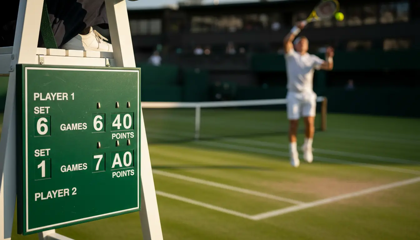 Primer plano de un marcador de tenis mostrando un partido reñido en sets