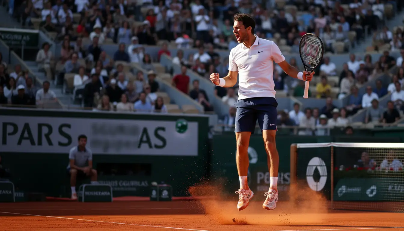 Tenista celebrando un punto decisivo en una final de Grand Slam sobre tierra batida