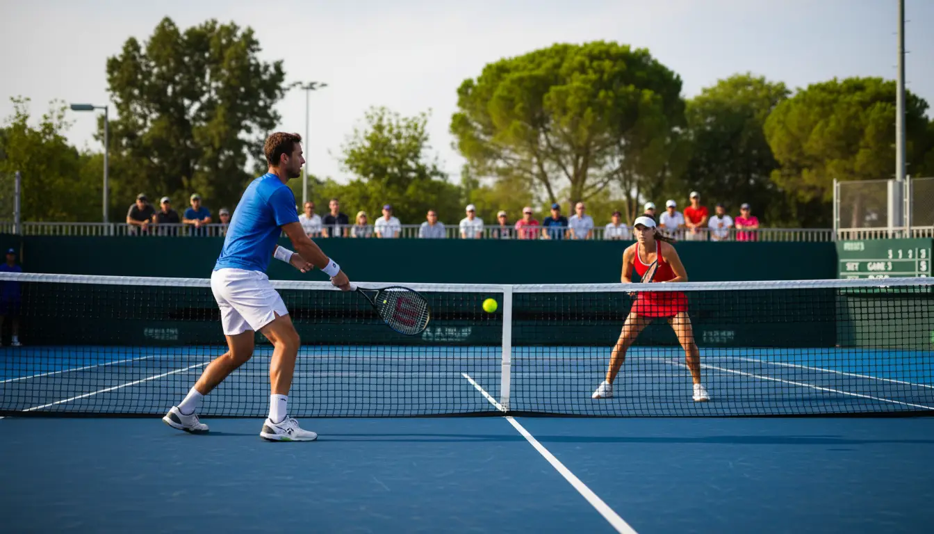 Dos tenistas en lados opuestos de la red en una pista dura bajo focos de estadio