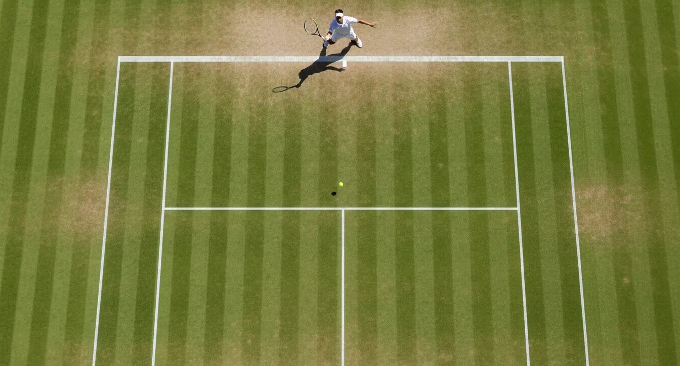 Vista cenital de una pista de tenis de hierba con líneas marcadas y una pelota en juego