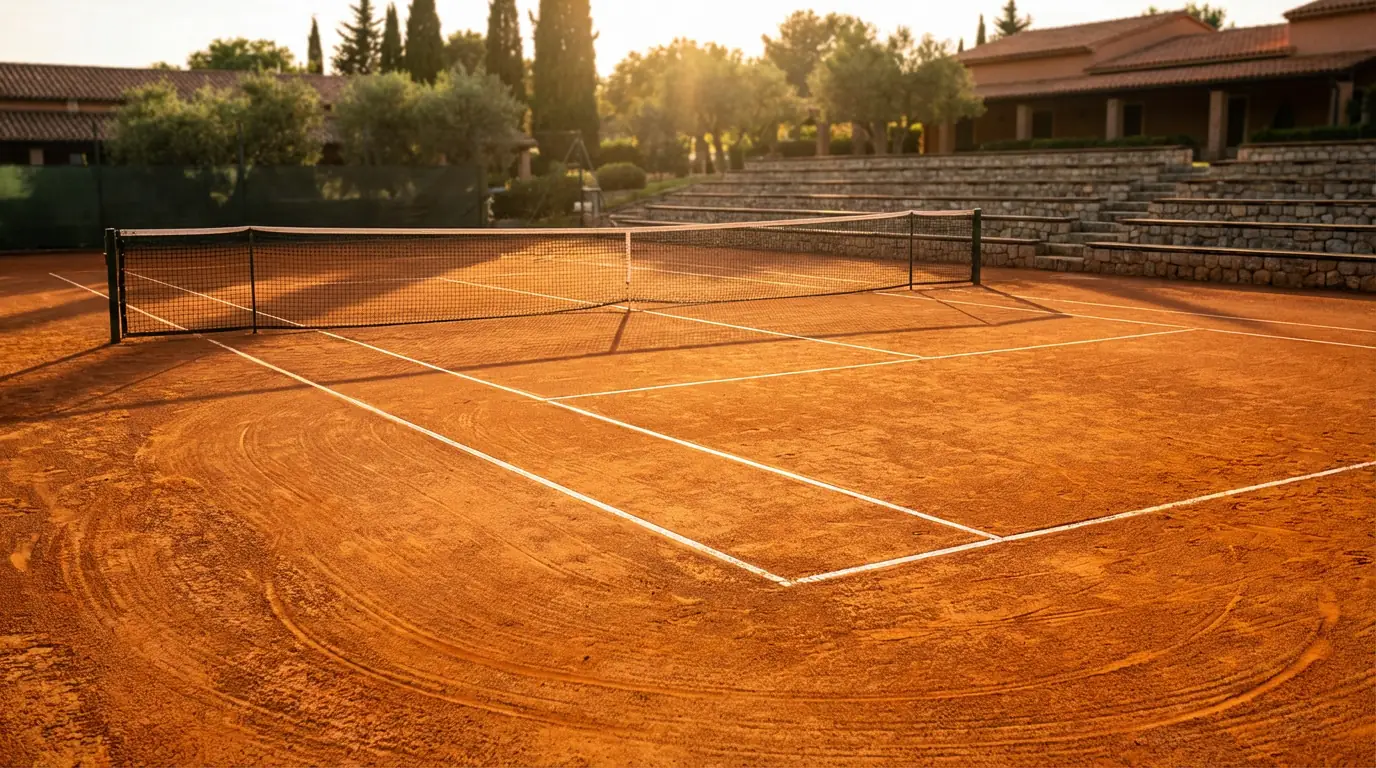 Pista de tenis de tierra batida con líneas marcadas y luz cálida de atardecer