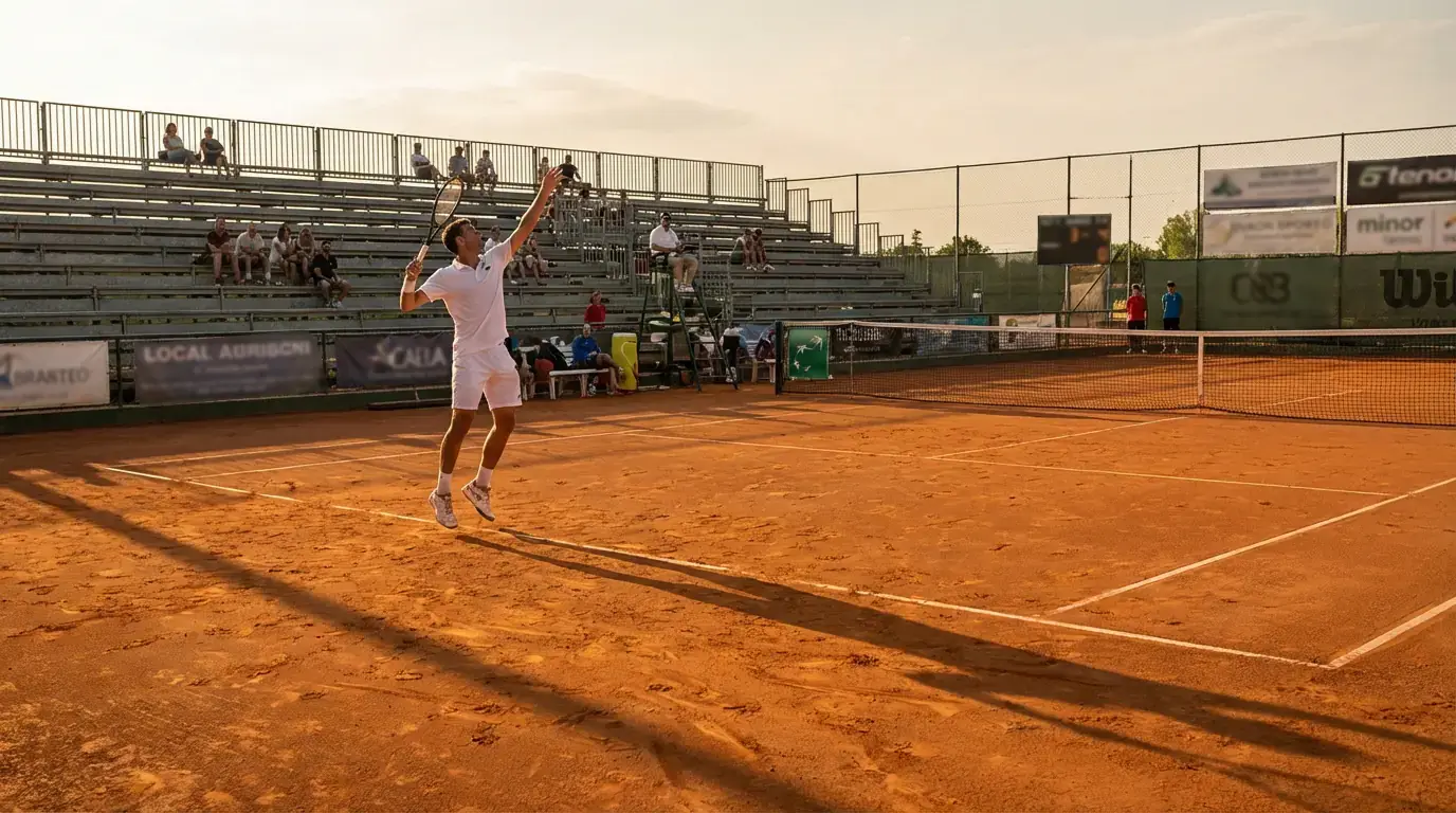 Jugador de tenis compitiendo en un torneo Challenger en una pista de tierra batida ante gradas modestas