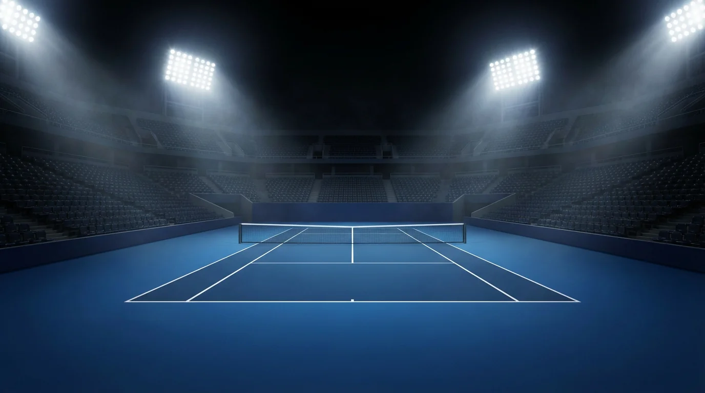 Pista de tenis de superficie dura azul iluminada bajo focos en sesión nocturna