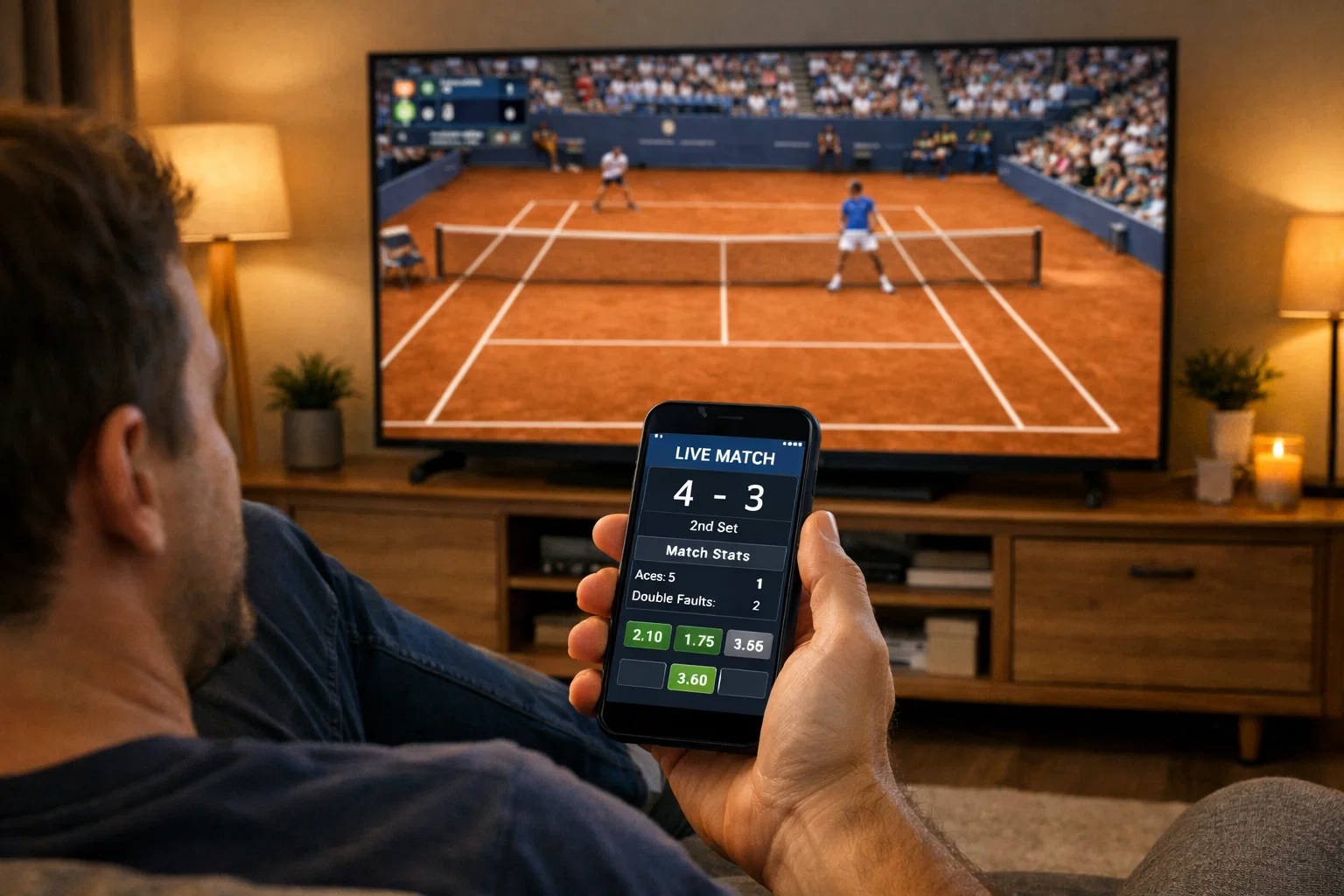 Aficionado viendo partido de tenis en directo mientras consulta móvil con aplicación de apuestas