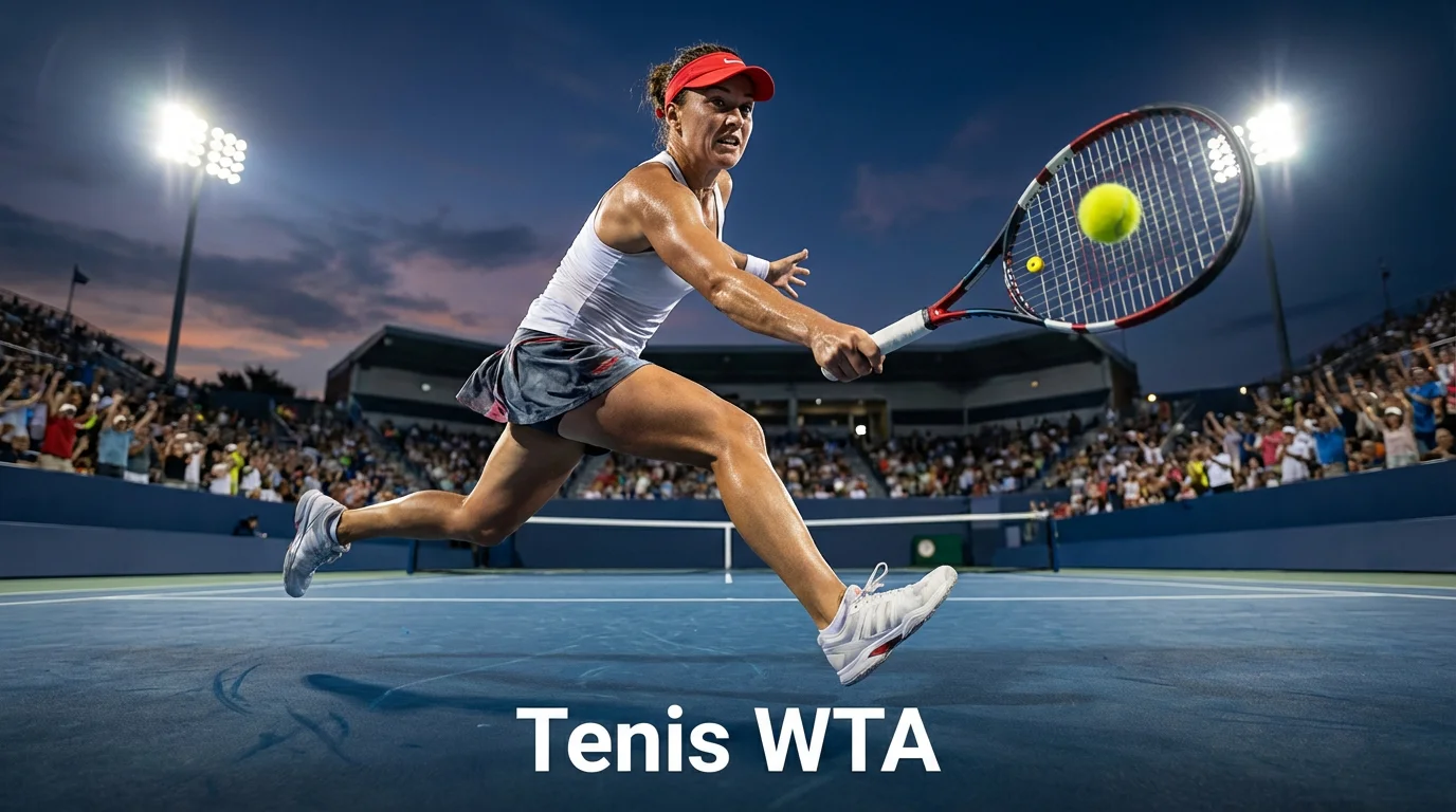 Jugadora de tenis profesional golpeando una derecha en pista de cemento bajo focos