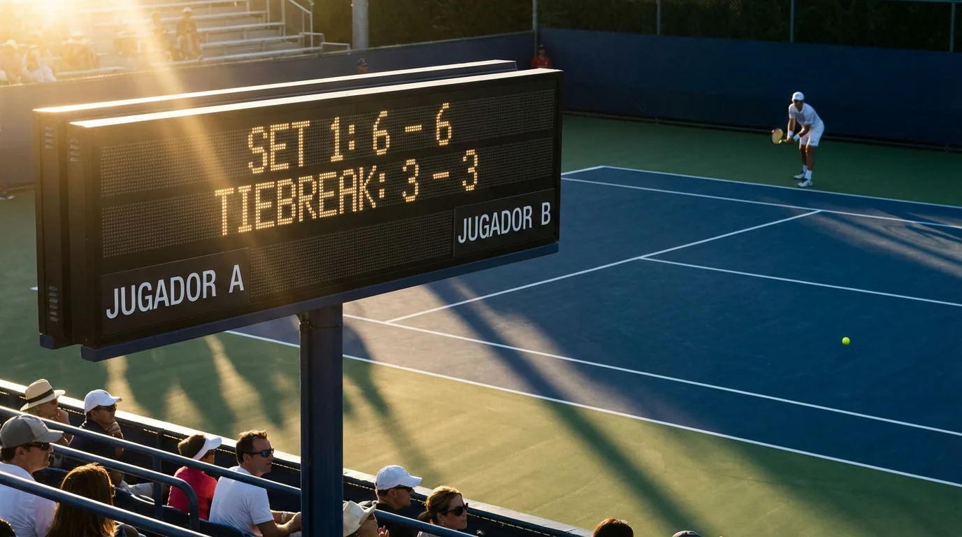 Marcador de tenis mostrando un tiebreak 6-6 en una pista de tenis profesional