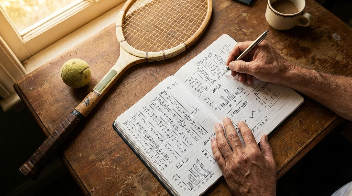 Persona analizando datos de partidos de tenis en un cuaderno junto a una raqueta sobre una mesa