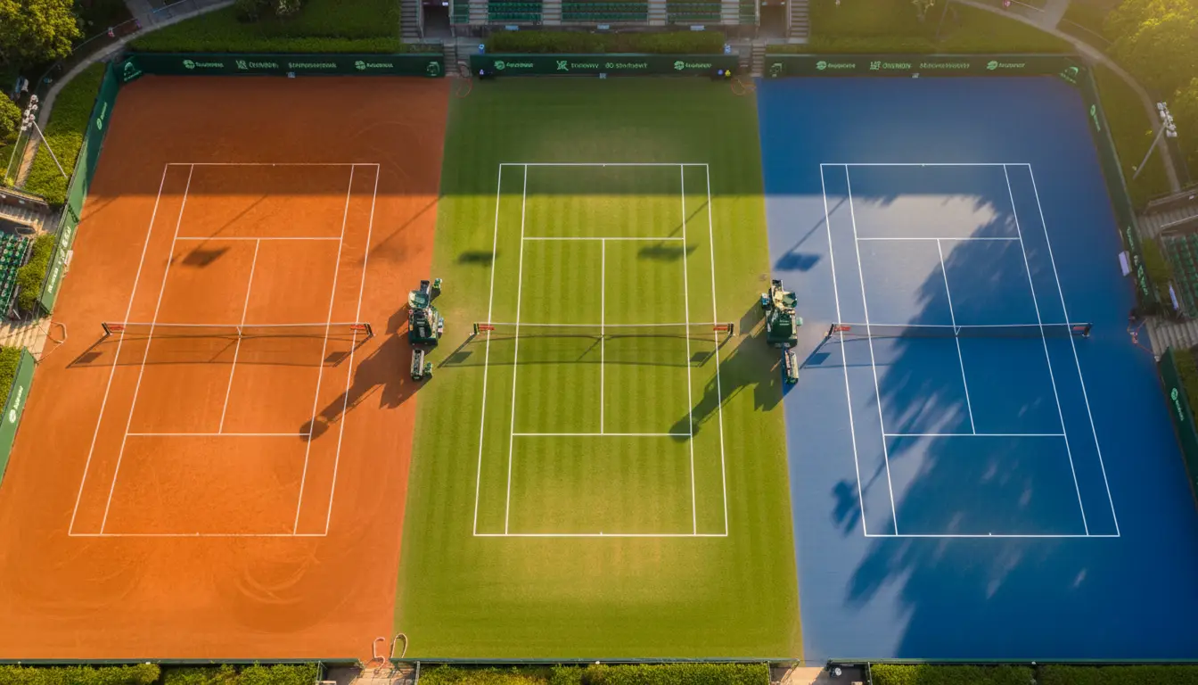 Pista de tenis vista desde arriba con luz dorada del atardecer iluminando la superficie