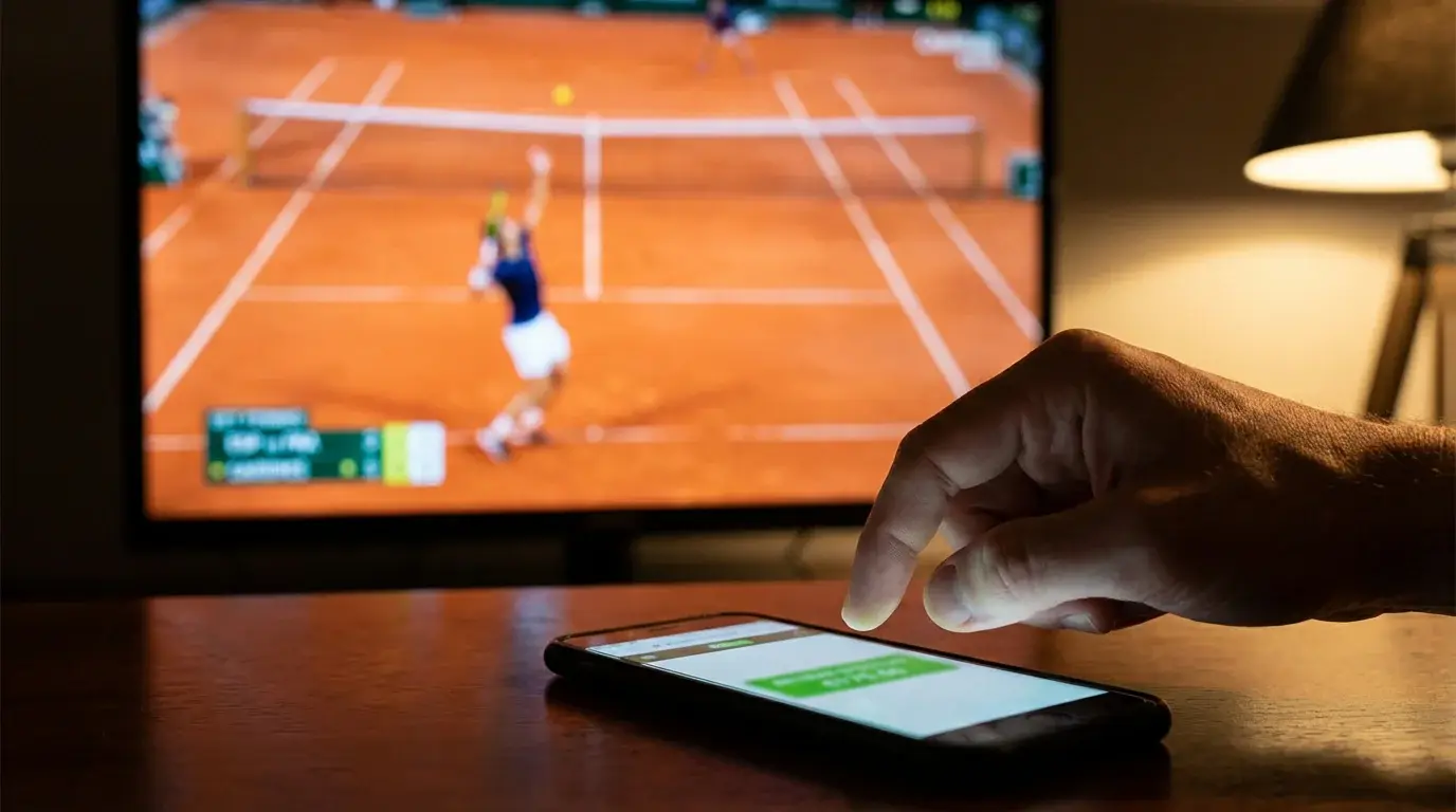 Mano de apostador sobre el botón de cash out en una pantalla durante un partido de tenis en vivo