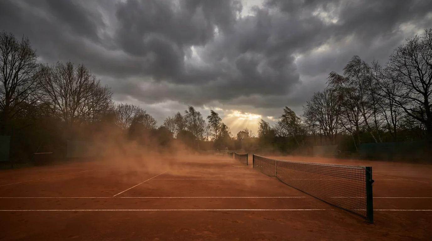 Pista de tenis al aire libre bajo un cielo nublado con viento levantando polvo de tierra batida
