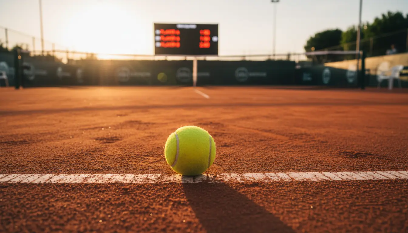 Pista de tenis de tierra batida con marcador electrónico mostrando cuotas de un partido