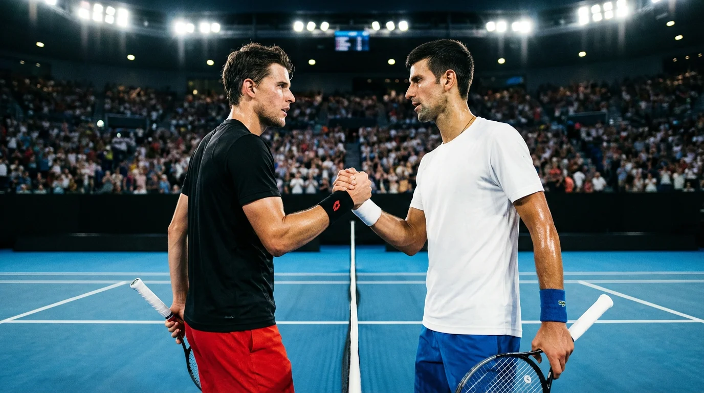 Dos jugadores de tenis frente a frente en una pista dura antes de un partido profesional