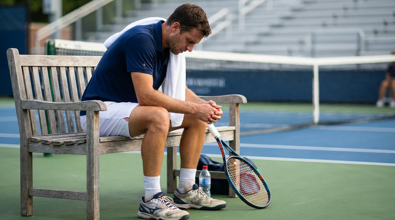 Jugador de tenis sentado en el banquillo con expresión pensativa y la raqueta apoyada a un lado