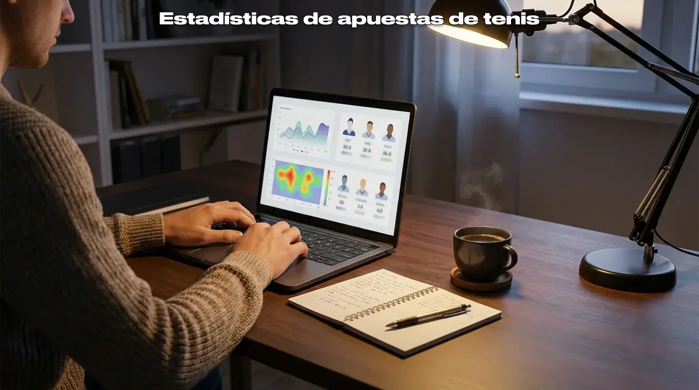 Persona analizando datos de partidos de tenis en una pantalla de portátil con notas escritas a mano
