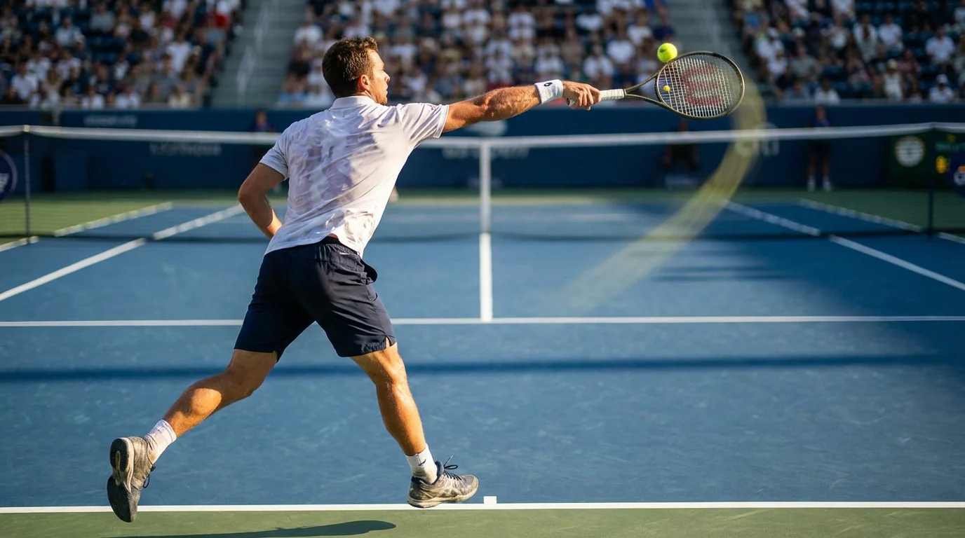 Jugador de tenis ejecutando un saque potente en pista dura con efecto de movimiento