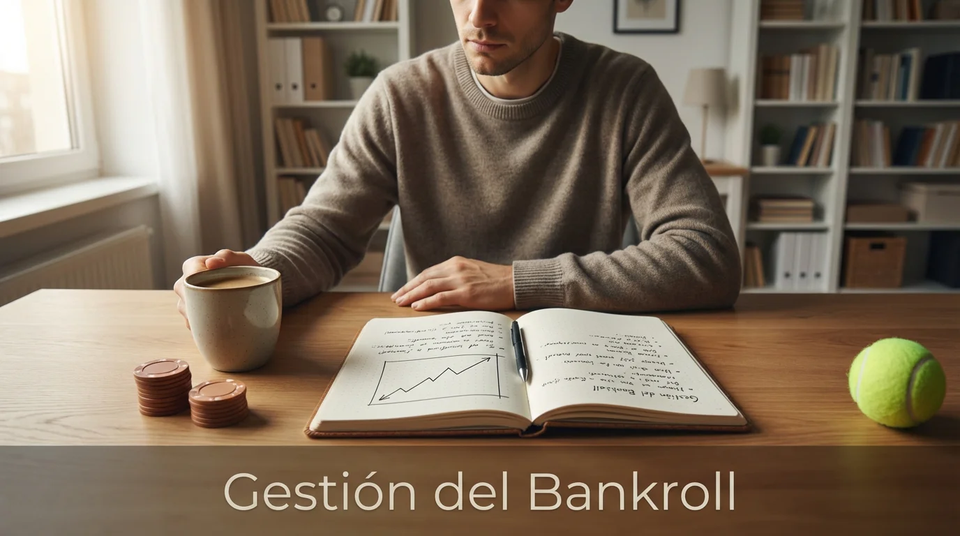 Persona planificando su bankroll de apuestas de tenis con un bloc de notas y gráfico simple