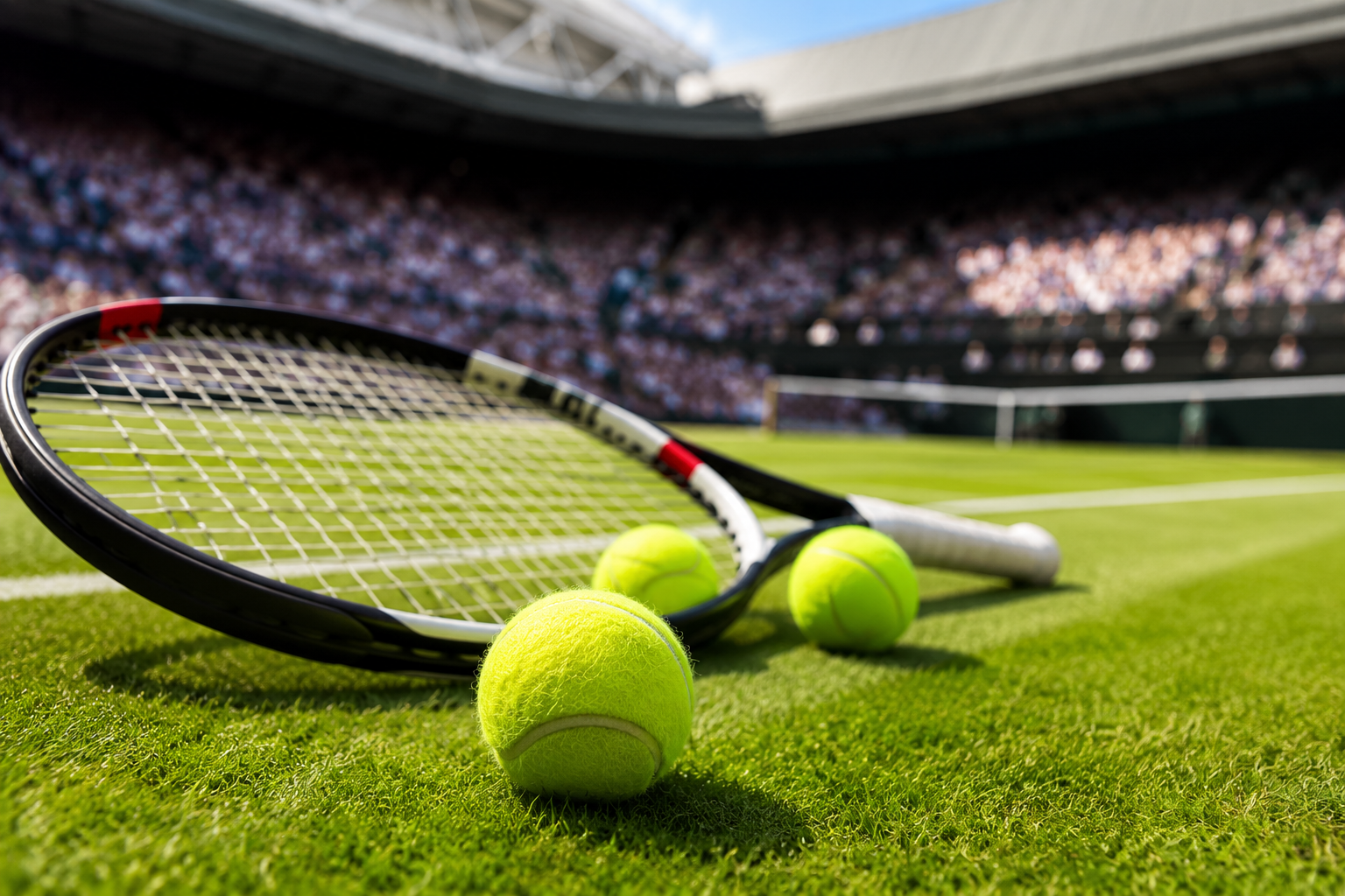Raqueta y pelotas de tenis sobre una pista durante un torneo de Grand Slam