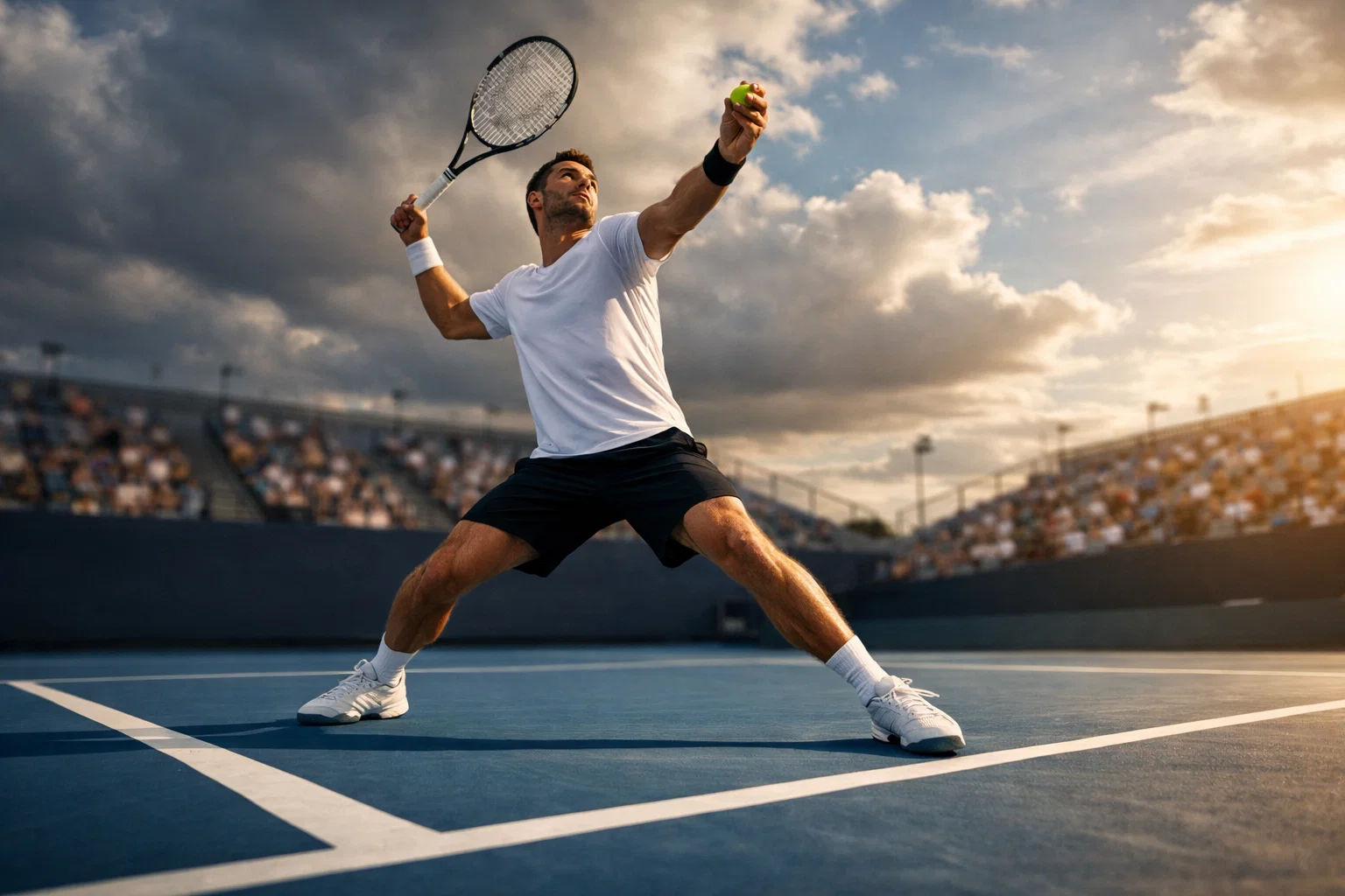 Partido de tenis profesional con jugador preparando el saque en pista dura