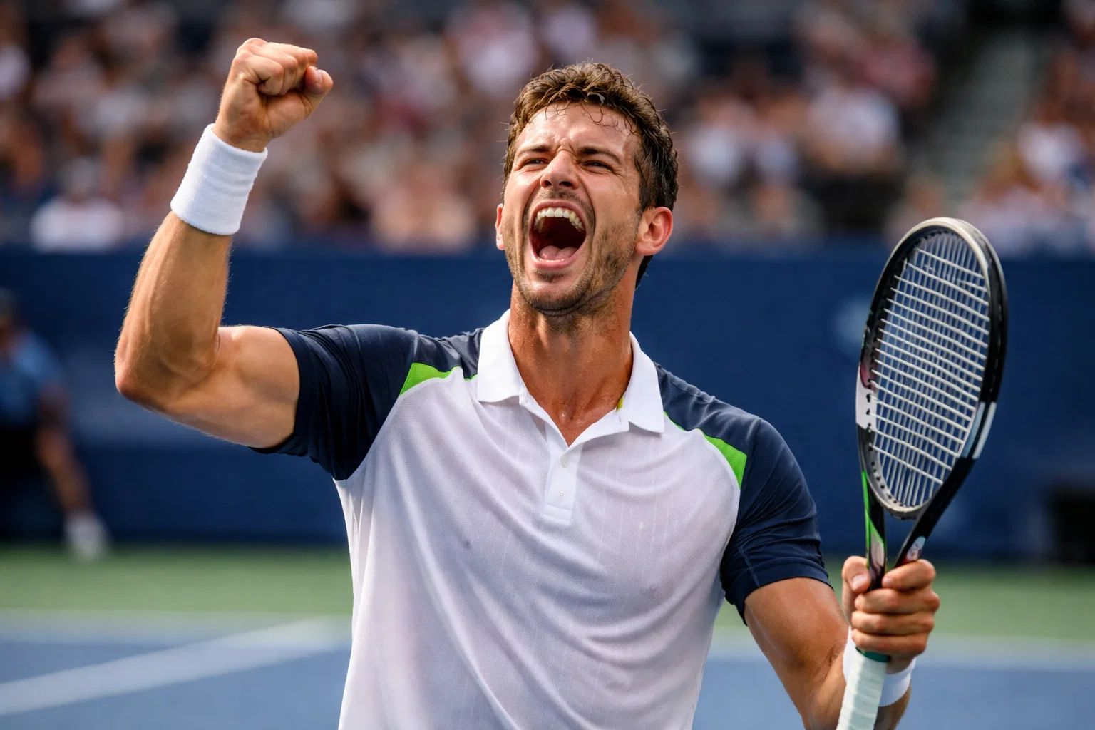 Tenista celebrando victoria con el puño levantado en la pista
