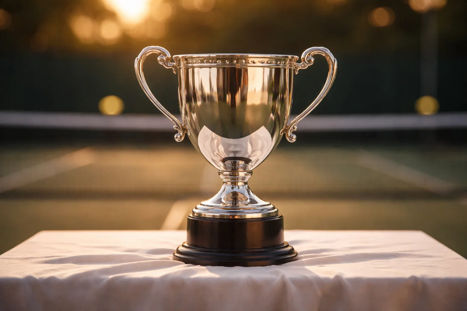 Trofeo de torneo de tenis sobre una mesa con la pista de fondo