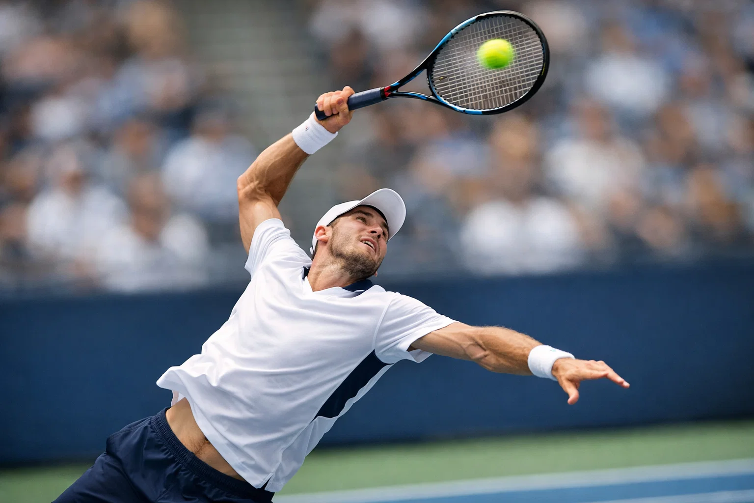 Tenista ejecutando un potente servicio con la raqueta en alto
