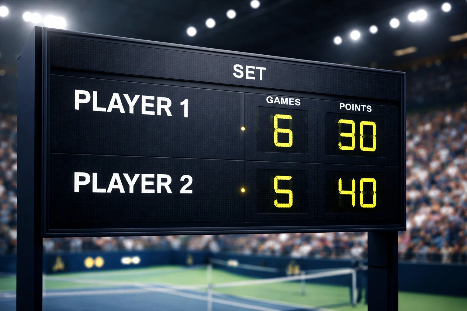 Marcador electrónico de tenis mostrando el resultado de un set