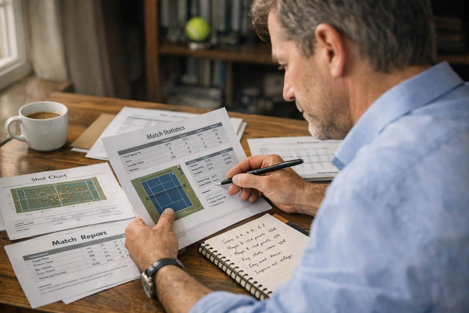 Analista deportivo revisando datos de partidos de tenis en su escritorio