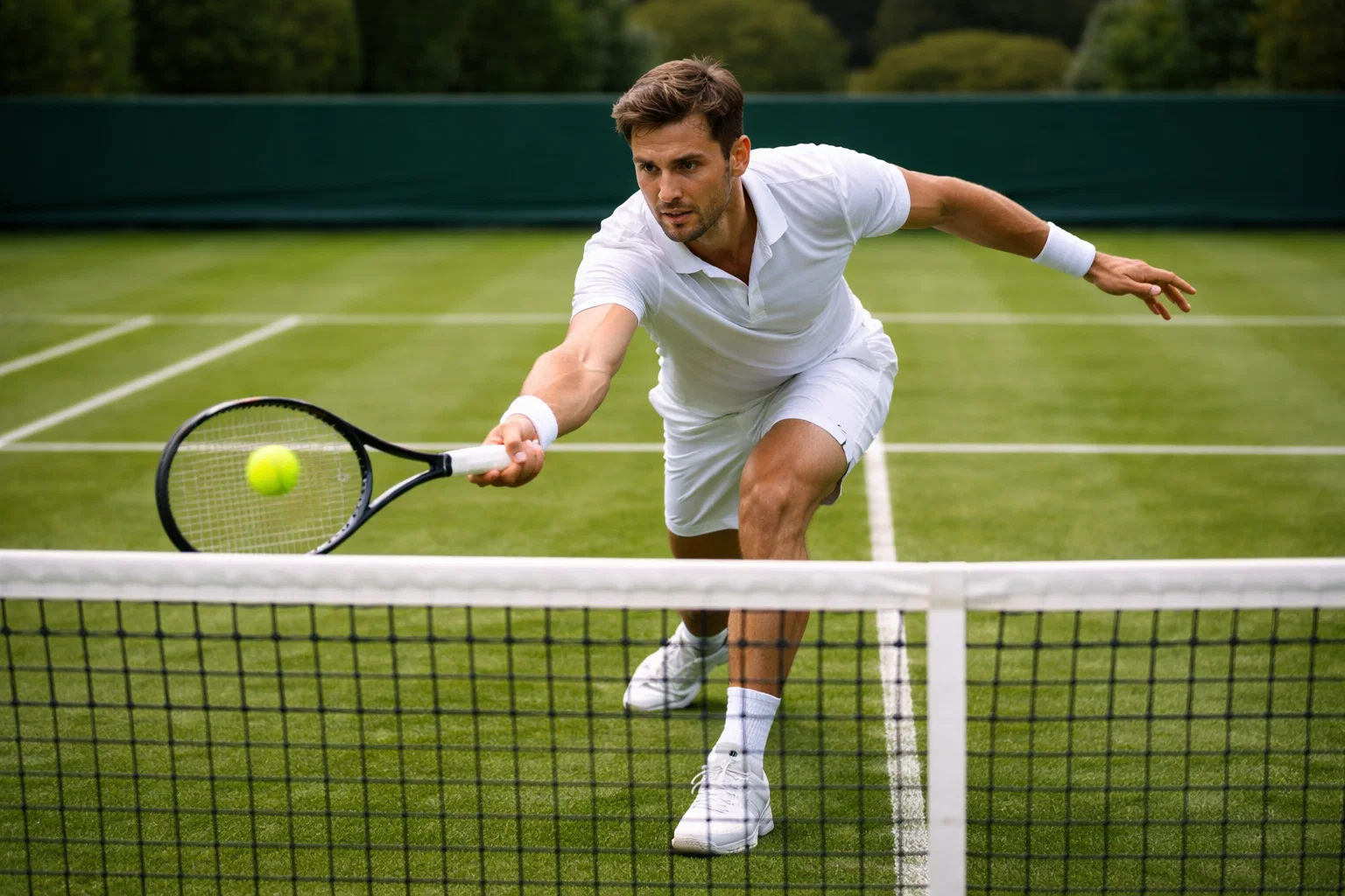 Pista de hierba de Wimbledon con tenista ejecutando una volea en la red
