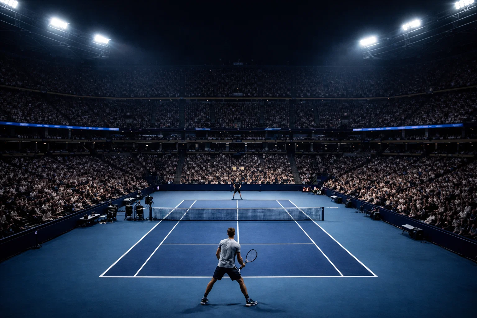 Partido nocturno en pista dura azul del US Open bajo las luces