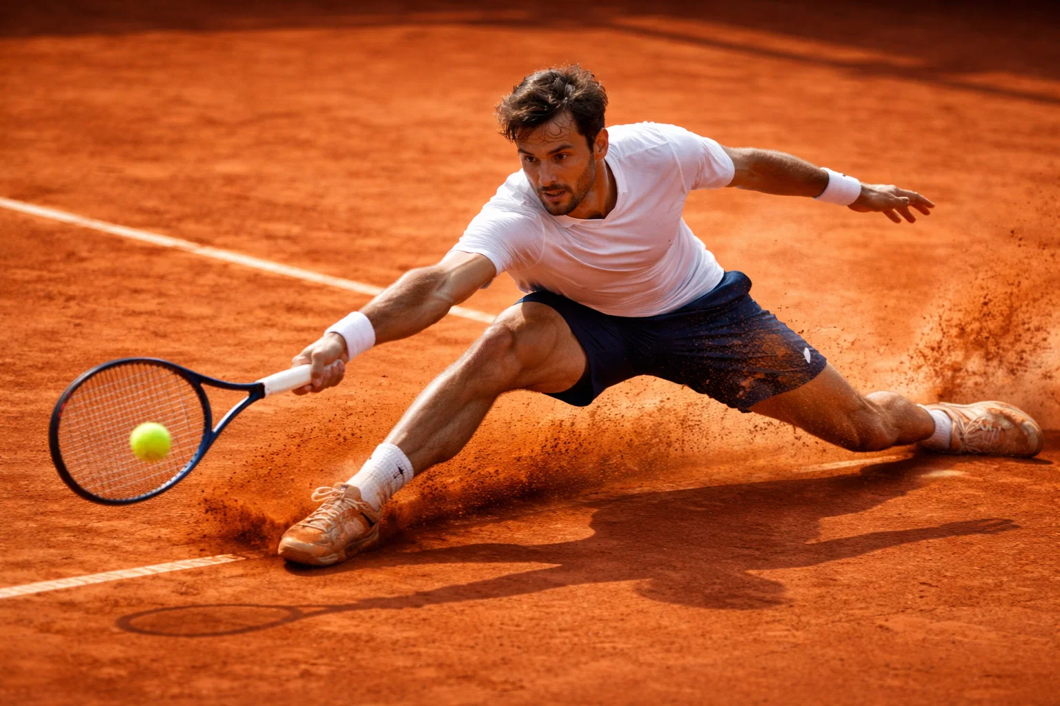 Tenista deslizándose sobre tierra batida rojiza en Roland Garros