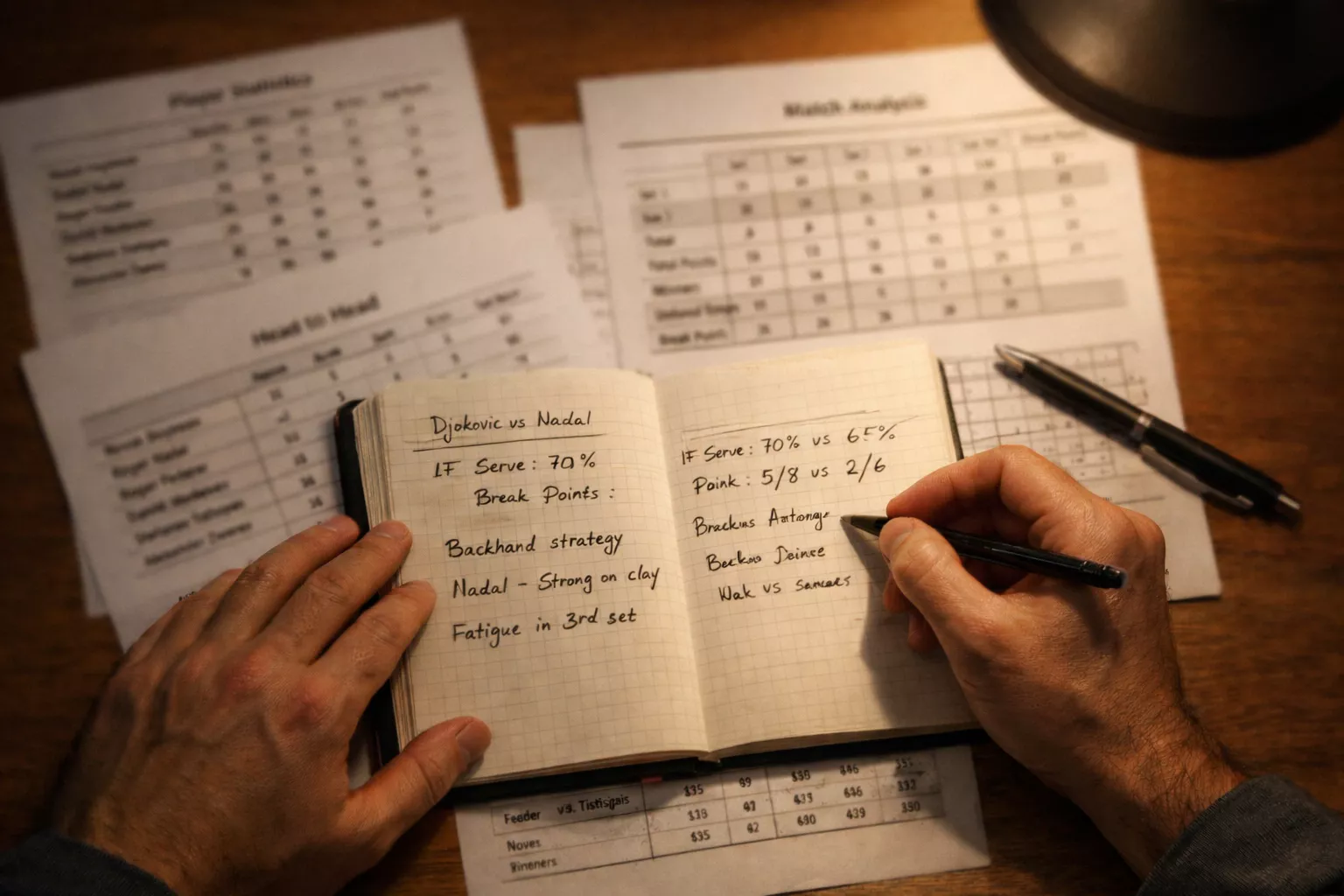 Persona analizando estadísticas de partidos de tenis en documentos