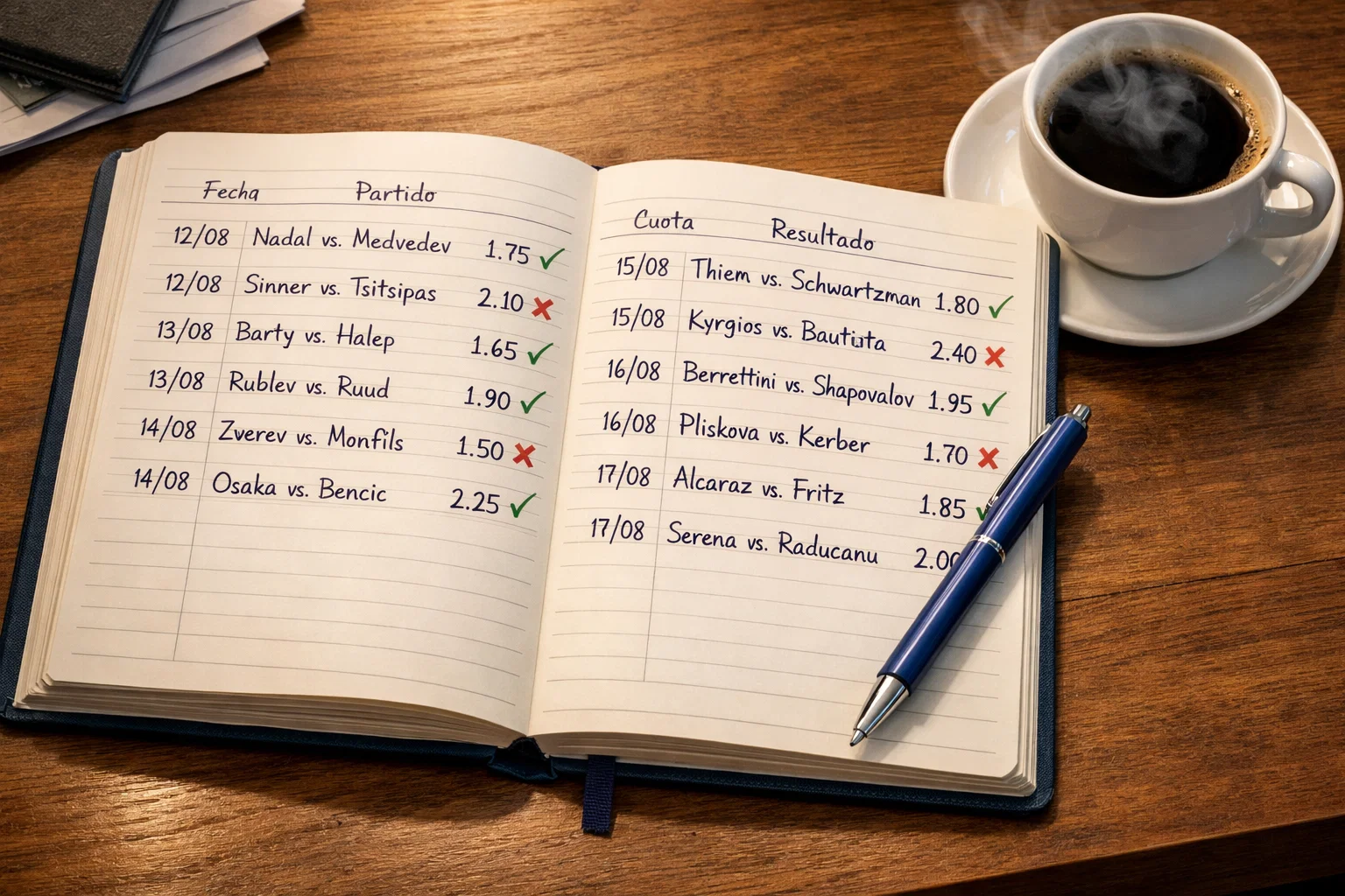 Cuaderno con registros detallados de apuestas deportivas y resultados