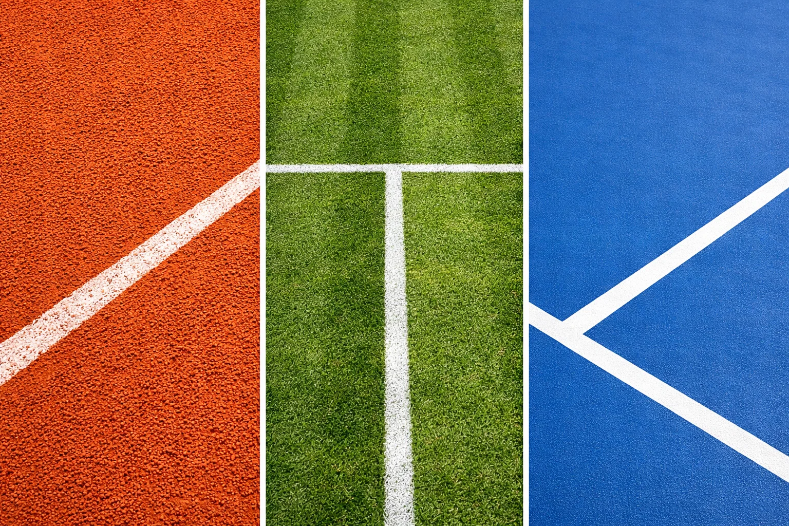Vista de diferentes superficies de pistas de tenis: tierra batida, hierba y pista dura