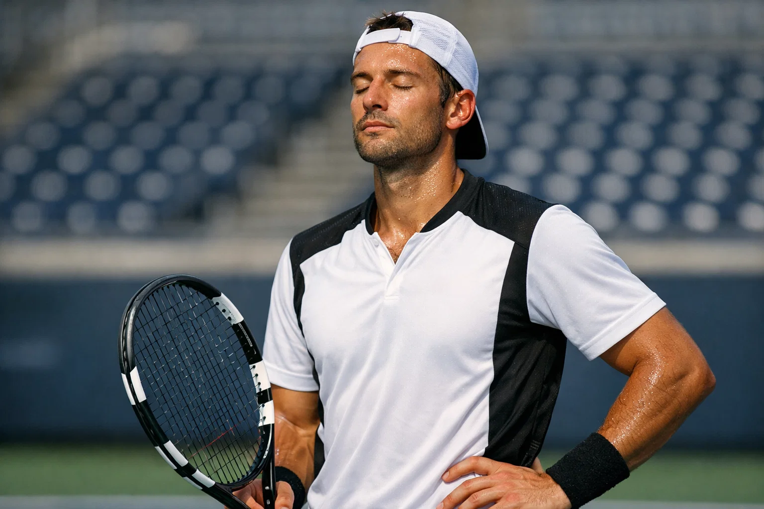 Tenista concentrado mentalmente antes de un punto decisivo
