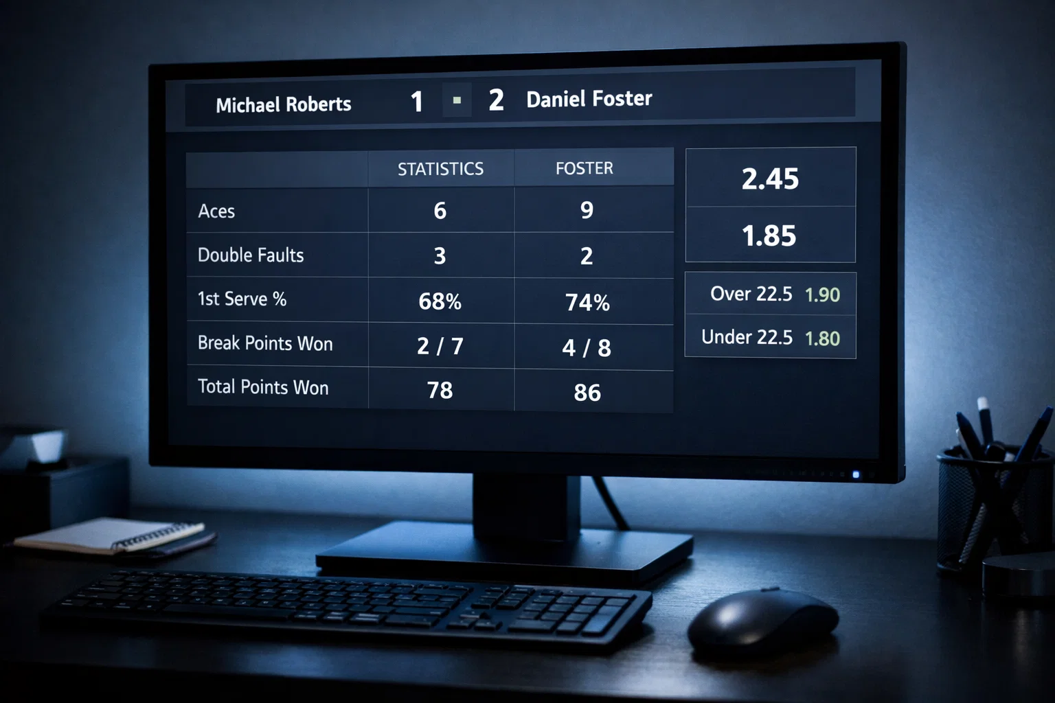 Pantalla de ordenador mostrando diferentes mercados de apuestas de tenis