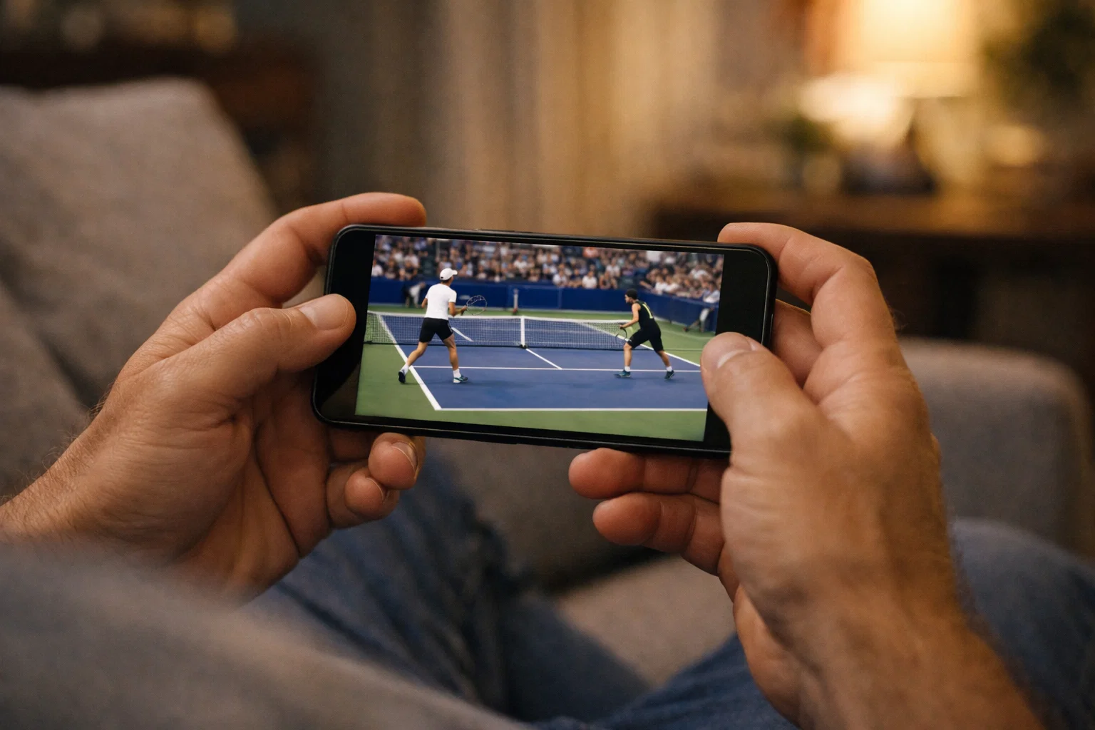 Persona viendo un partido de tenis en streaming desde su smartphone