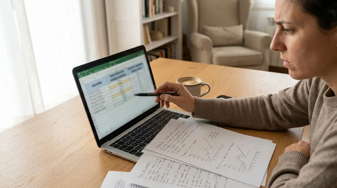 Persona analizando estadísticas de tenis con un portátil y hojas de datos sobre una mesa