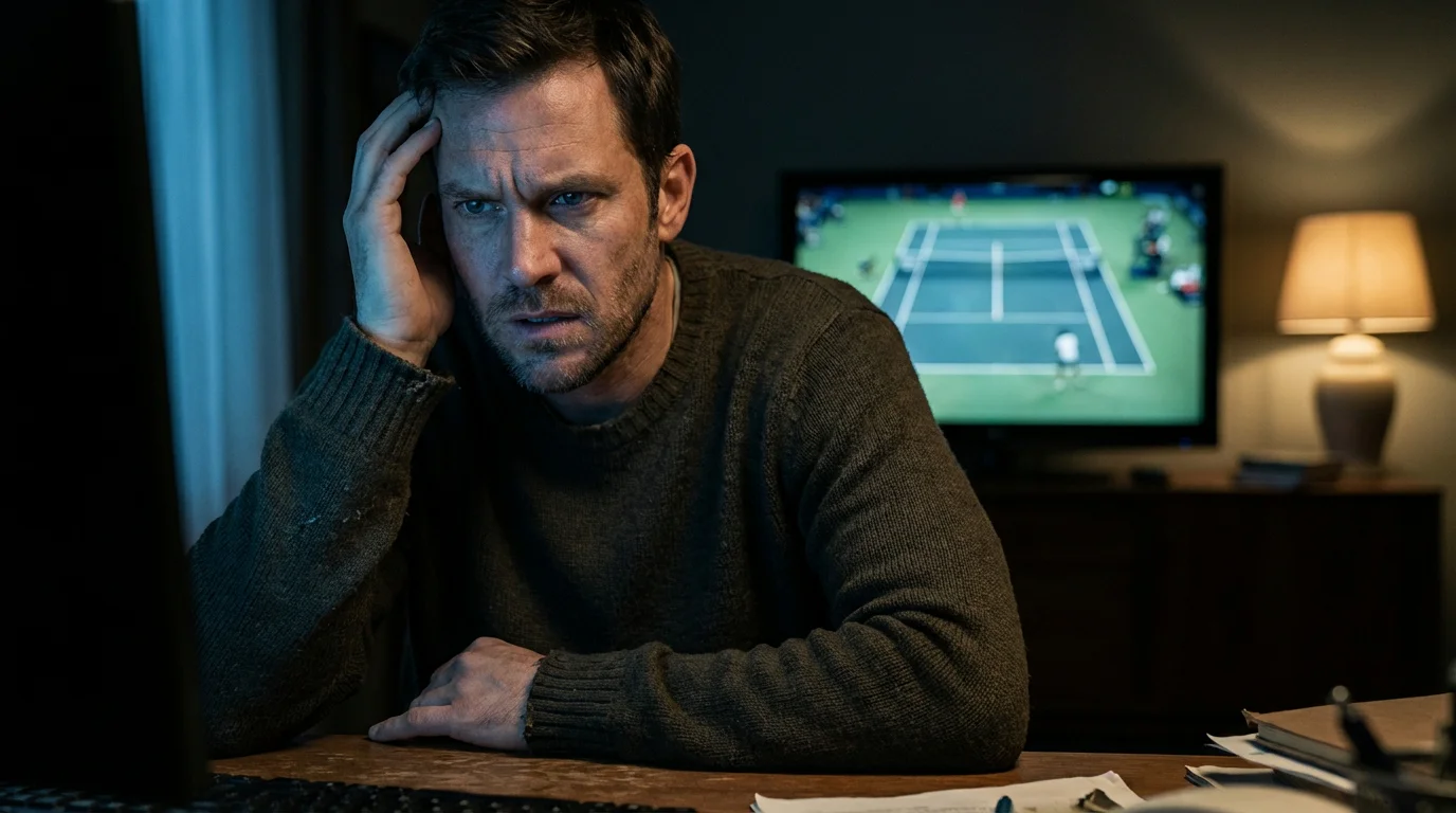 Hombre concentrado con expresión reflexiva frente a una pantalla con un partido de tenis