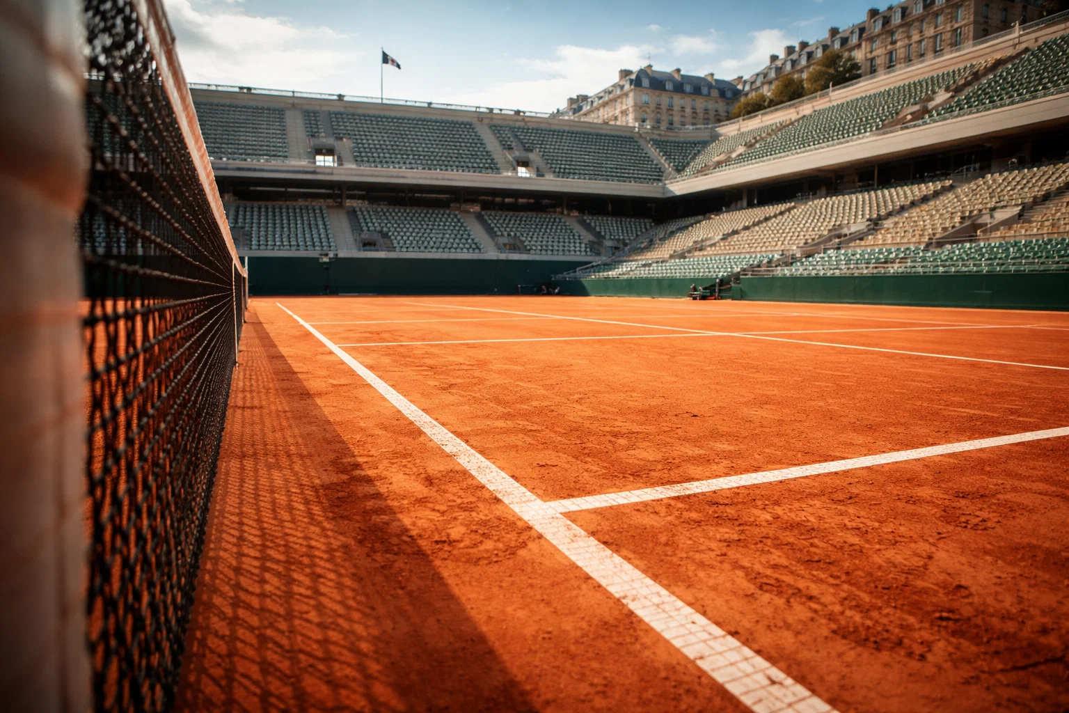 Cancha de tierra batida naranja de Roland Garros con líneas blancas y red
