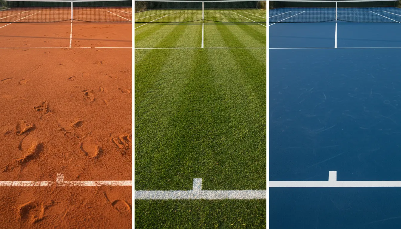 Vista dividida de tres tipos de pista de tenis: arcilla, hierba y pista dura