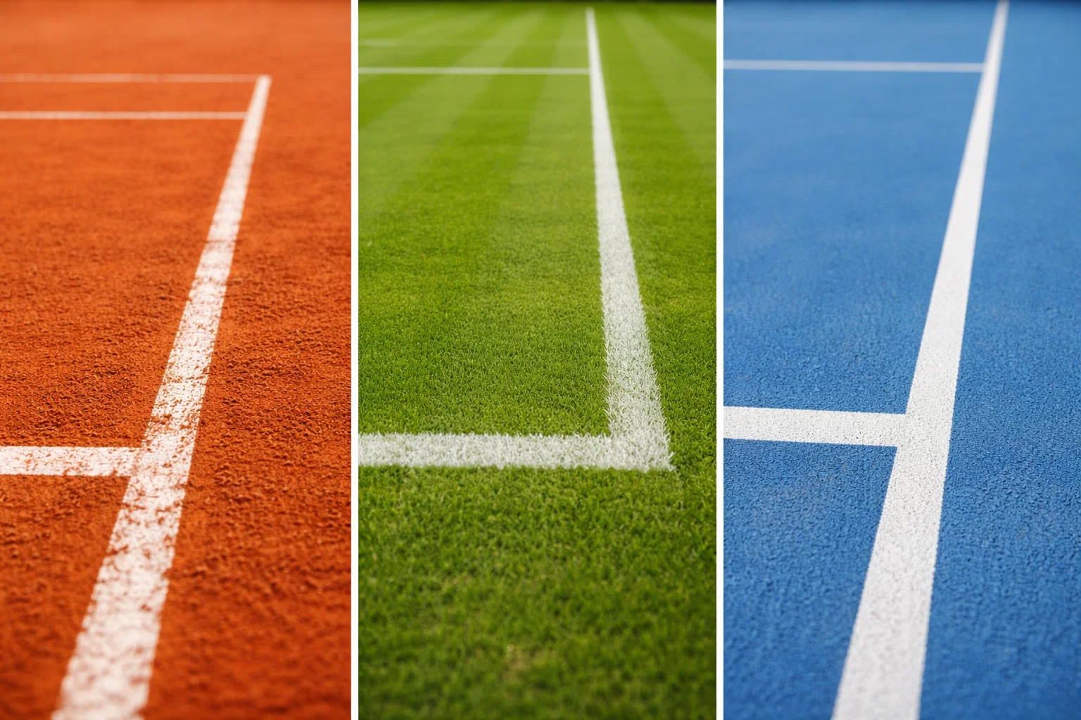 Vista dividida mostrando tierra batida, hierba y pista dura de tenis