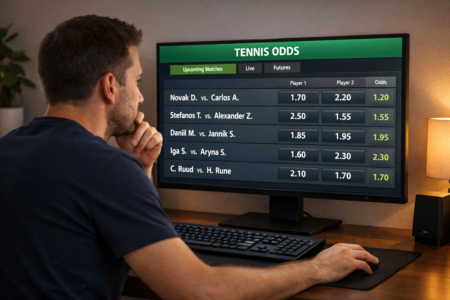 Persona estudiando cuotas de apuestas de tenis en pantalla de ordenador